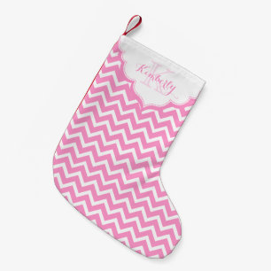 Meia De Natal Pequena Chevron Zigzag Branco, Cor-De-Rosa Monograma