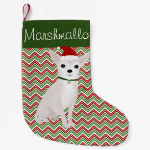 Meia De Natal Pequena Chihuahua branco personalizado com Santa Hat