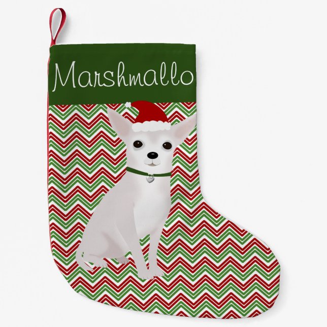 Meia De Natal Pequena Chihuahua branco personalizado com Santa Hat (Frente)