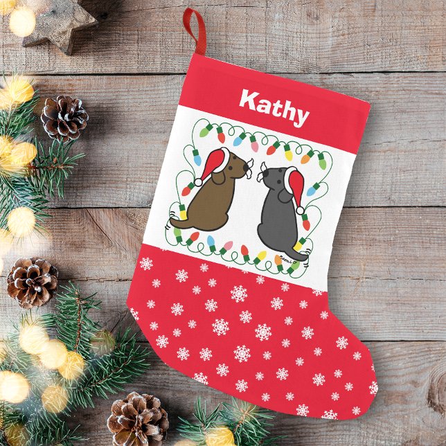 Meia De Natal Pequena Chocolate Labrador e Black Labrador Santas (Personalized Chocolate Labrador and Black Labrador Santas Christmas Stocking for Labrador Owners.)