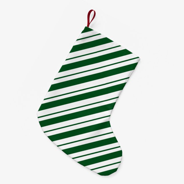 Meia De Natal Pequena Christmas Candy Cane Stripes in Green and White  (Frente (Pendurada))