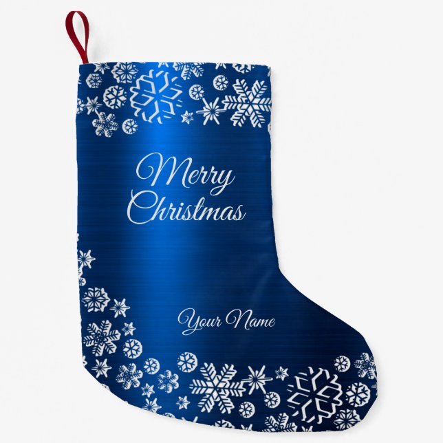 Meia De Natal Pequena Christmas Celebration White Snowflakes Navy Blue (Frente)