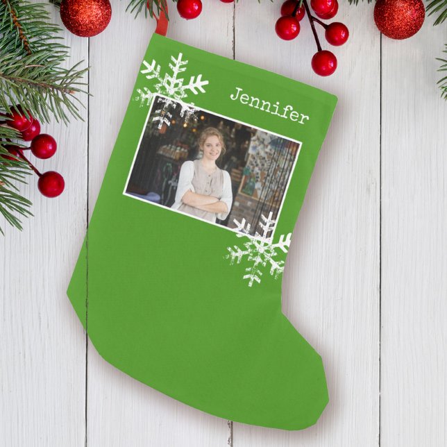 Meia De Natal Pequena Christmas Photo Green Distressed Snowflakes (Criador carregado)