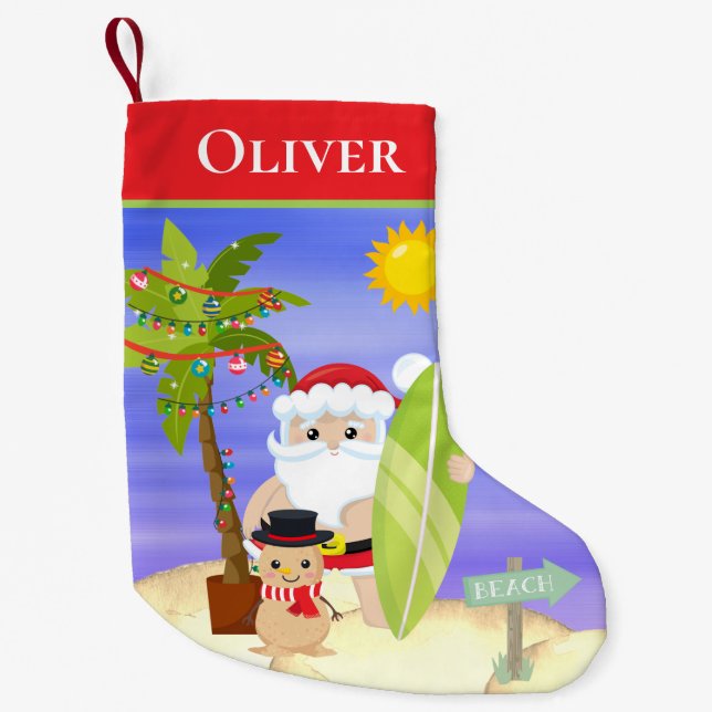 Meia De Natal Pequena Christmas Summer Santa Beach Surfing Personalized (Frente)