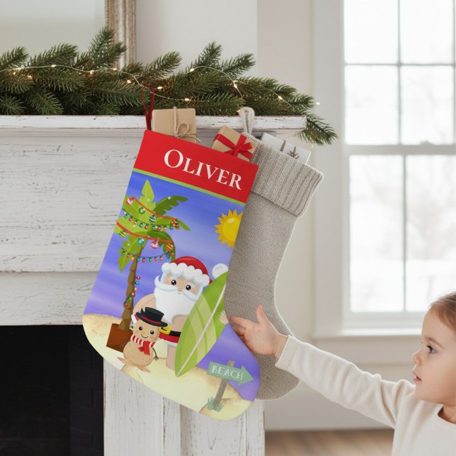 Meia De Natal Pequena Christmas Summer Santa Beach Surfing Personalized (Criador carregado)