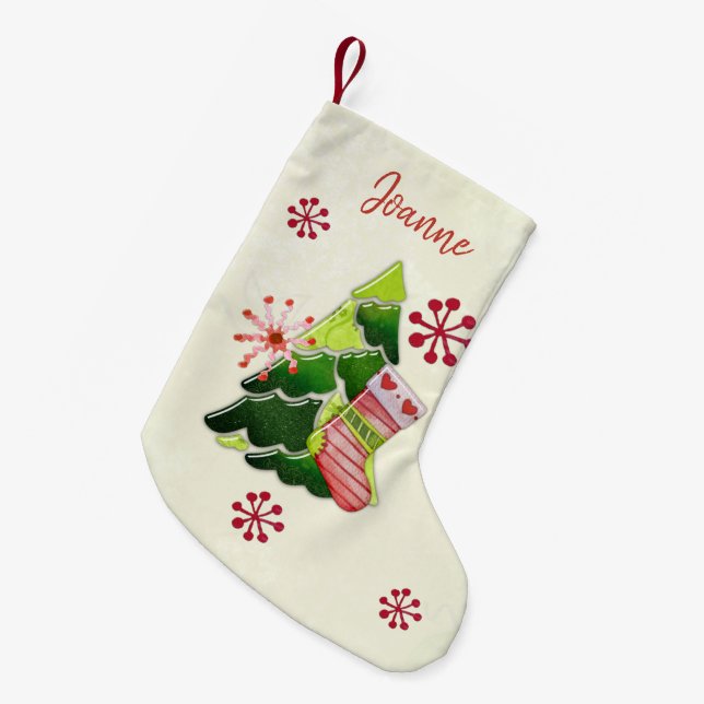 Meia De Natal Pequena Christmas Tree and Stocking Whimsey (Frente (Pendurada))