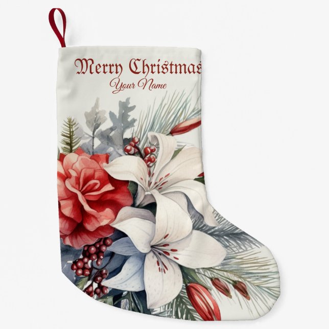Meia De Natal Pequena Christmas White Red Flowers Holidays Elegant (Frente)