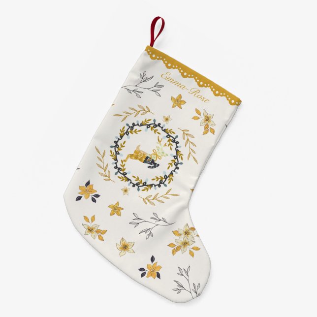 Meia De Natal Pequena Christmastime Deer Yellow Cream Floral (Frente (Pendurada))