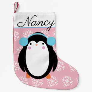 Meia De Natal Pequena Chubby Penguin Adorável com Flocos de Neve