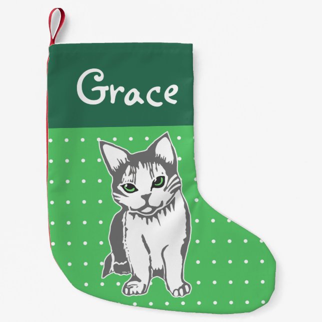 Meia De Natal Pequena Cinza de Natal Verde Personalizado com Gato Branco (Frente)