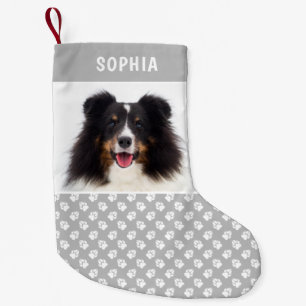 Meia De Natal Pequena Cinza White Dog Paws Personalizar Pet Photo Nome P