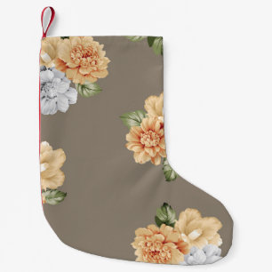 Meia De Natal Pequena cinzas e flores cremosas, com folhas, em forma de