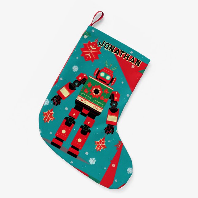 Meia De Natal Pequena Classic Christmas Sweater Pattern Robot (Frente (Pendurada))
