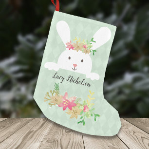 Meia De Natal Pequena Coelho Branco Dourado Poinsettia Floral