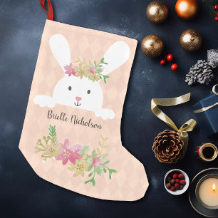Meia De Natal Pequena Coelho Branco Rosa Dourada Poinsettia Floral