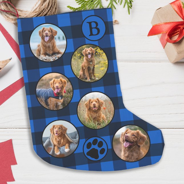 Meia De Natal Pequena Colagem de Fotos Pet Personalizada Xadrez Azul Pre (Criador carregado)