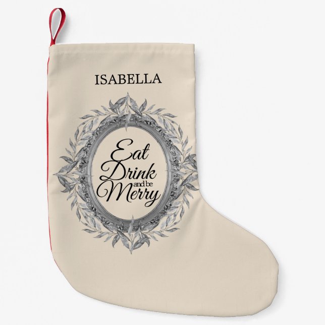 Meia De Natal Pequena Coma Bebida Seja Feliz Silver Folhas De Ferro Nome (Frente)