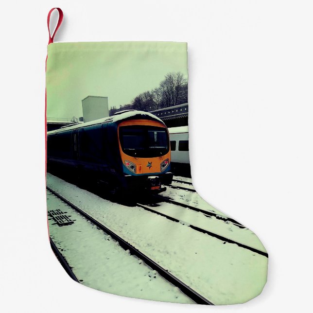 Meia De Natal Pequena Comboio Amarelo-Turquesa (Frente)