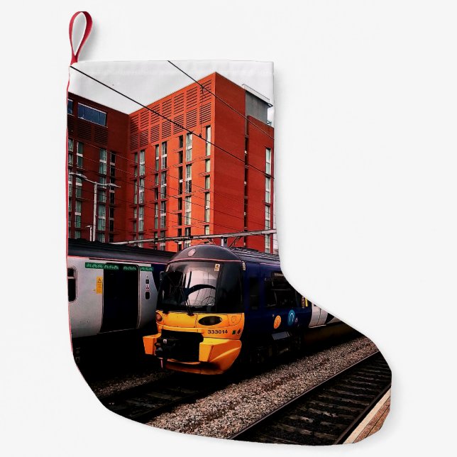 Meia De Natal Pequena Comboio azul e amarelo (Frente)