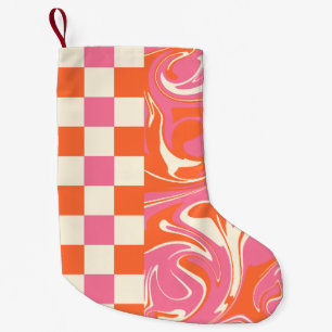 Meia De Natal Pequena Controlos e picos - Rosa, Laranja e Creme