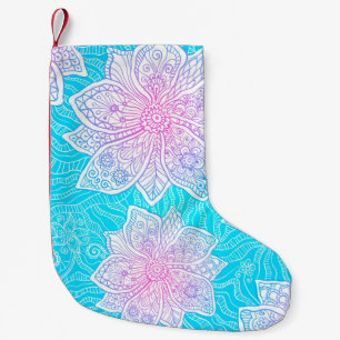 Meia De Natal Pequena Cor azul e rosa das flores do ornamentado, patamar