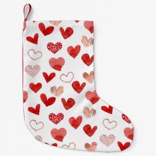 Meia De Natal Pequena Corações de amor vermelho, padrão de aquarela.