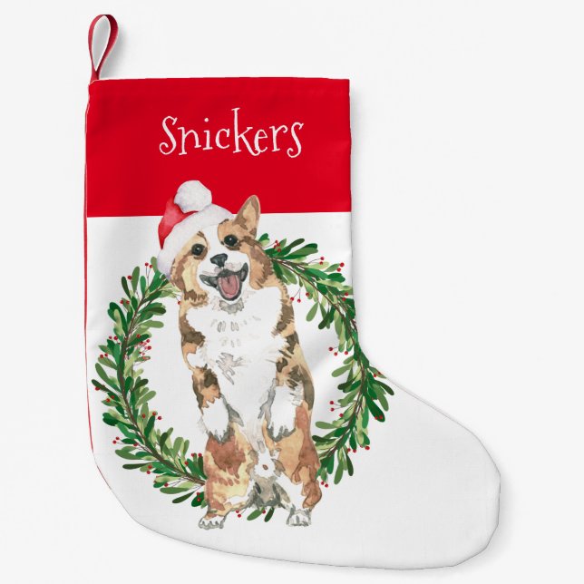 Meia De Natal Pequena Corgi de Aquarela Cuja Personalização É Personaliz (Frente)