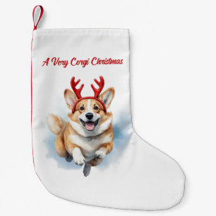 Meia De Natal Pequena Corgi de Natal com galhadas de Reindeer saltando