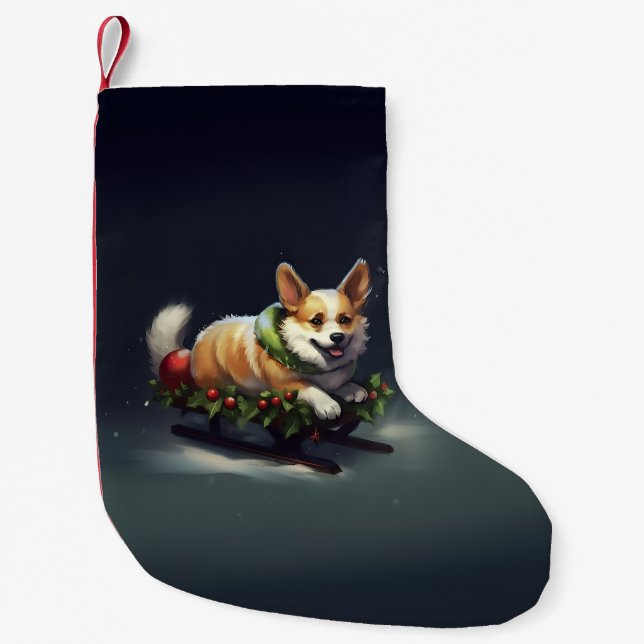 Meia De Natal Pequena Corgi Natal Inverno de Neve (Frente)