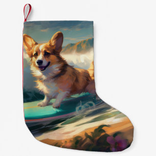 Meia De Natal Pequena Corgi  Pintura de Surf na Praia