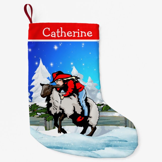 Meia De Natal Pequena Cowgirl do Rodeio Ocidental Kid Mutton Buster Scen (Frente)