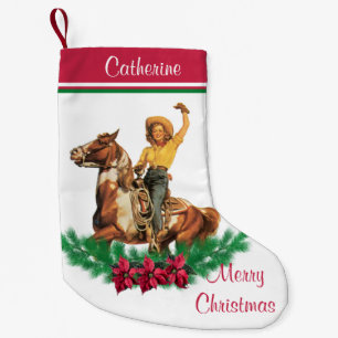 Meia De Natal Pequena Cowgirl On Horse With Wreath Feliz Natal