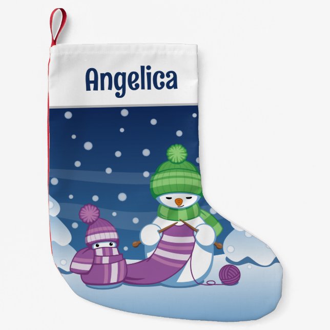 Meia De Natal Pequena Crafty Snowman a tricotar Scarf (Frente)