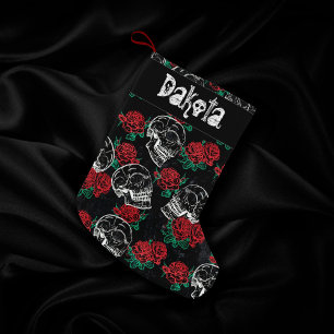 Meia De Natal Pequena Crânios e Rosas vermelhas Grelha Gótica Moderna