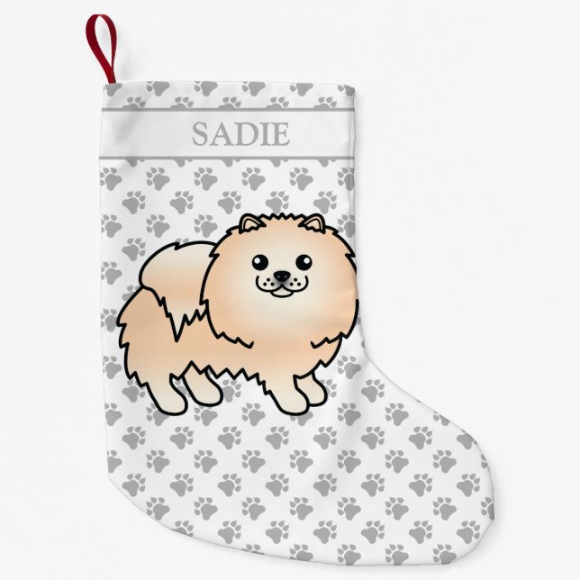Meia De Natal Pequena Cream Pomeraniano - Cute Cartoon Dog & Name (Frente)