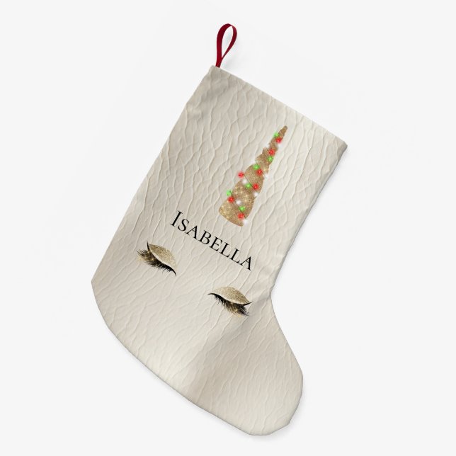 Meia De Natal Pequena Cream Sparkle Dourado Glam Unicorn (Frente (Pendurada))