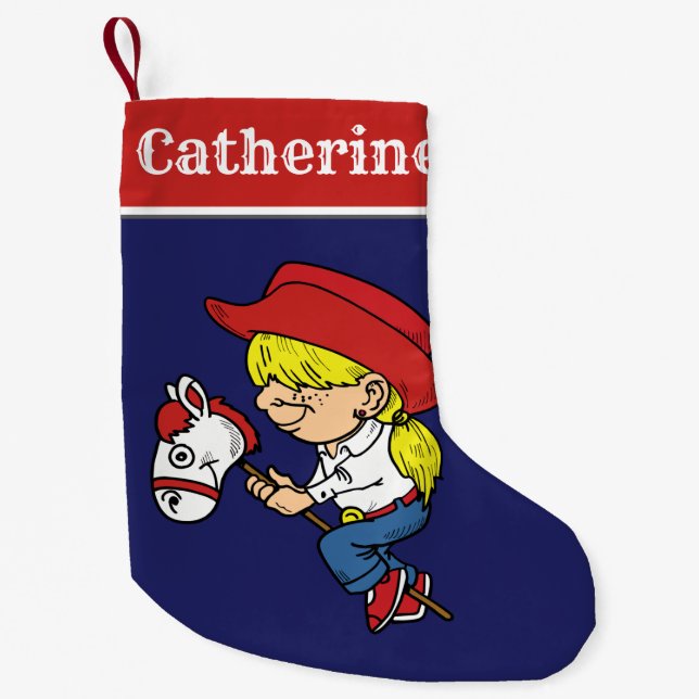 Meia De Natal Pequena Criança De Cowgirl Ocidental No Cavalo Stick (Frente)