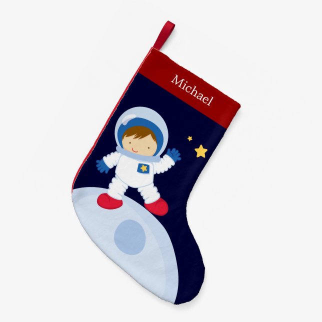 Meia De Natal Pequena Criança do Astronauta Personalizada (Frente (Pendurada))
