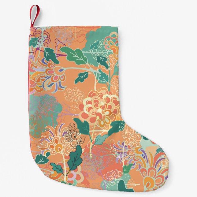 Meia De Natal Pequena crisântemo chinês: padrão laranja floral. (Frente)