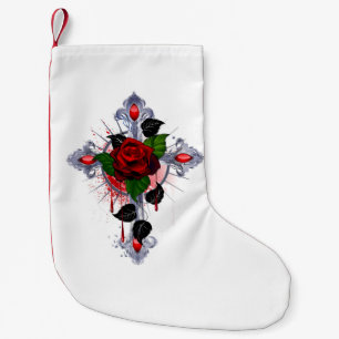 Meia De Natal Pequena Cruz de Prata com Rosa vermelha