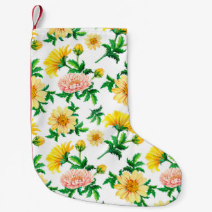 Meia De Natal Pequena Crysântemos de aquarela. Flores amarelas com grã