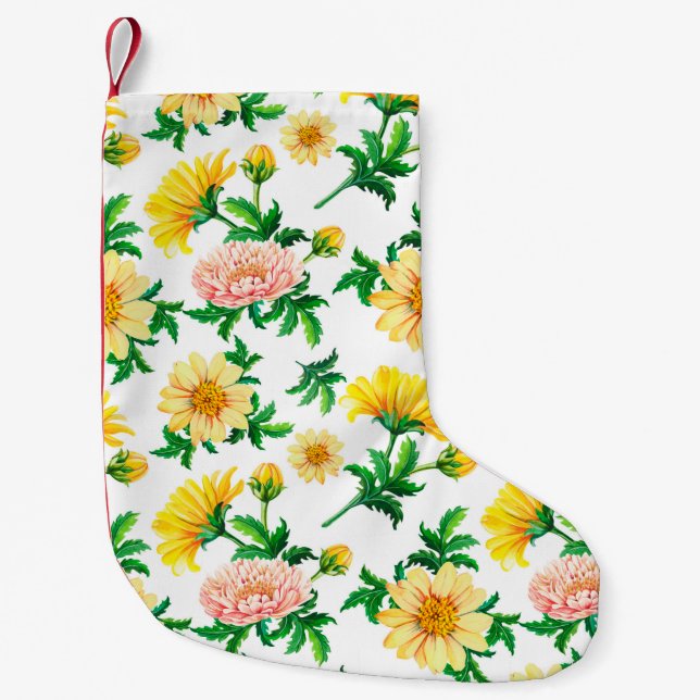 Meia De Natal Pequena Crysântemos de aquarela. Flores amarelas com grão (Frente)