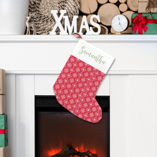 Meia De Natal Pequena Curta Caligrafia Vermelha Floco de Neve de inverno (Christmas holiday snowflake red pattern stocking.)