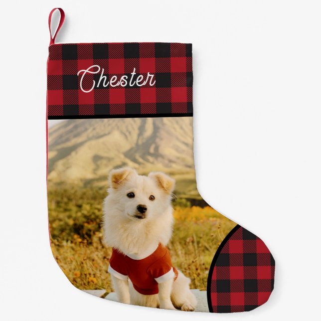 Meia De Natal Pequena Custom Dog Photo & Name Buffalo Plaid (Frente)