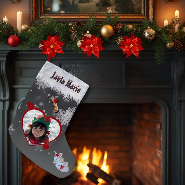 Meia De Natal Pequena Cute Animal Lover Girl's Christmas Wish 2-Photo (Cute animal lover's photo Christmas stocking with faux fur, snowflakes, horse and bunnies)