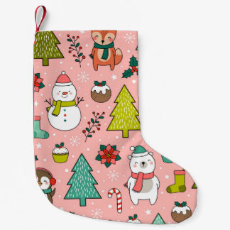 Meia De Natal Pequena Cute cartoon character, pine trees and christmas e