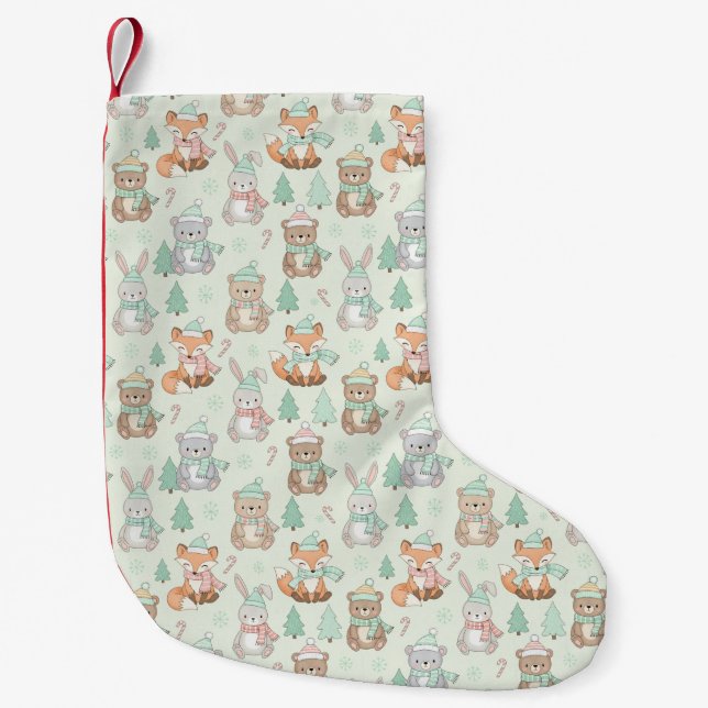 Meia De Natal Pequena Cute Christmas Animals Seamless Pattern (Frente)