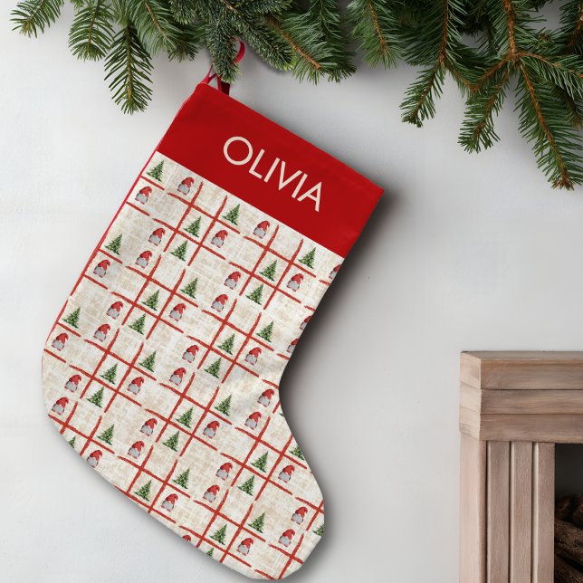 Meia De Natal Pequena Cute Gnomes & Trees – Linen Christmas Design (Criador carregado)