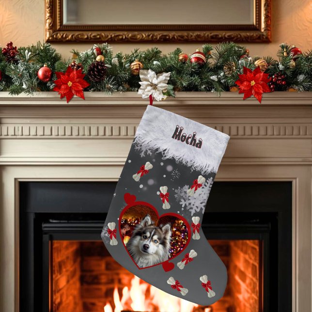 Meia De Natal Pequena Cute Heart Pet Photo Dog Name Black Snowflake  (Cute Christmas stocking for pet dog with your uploaded photo inside the heart and personalized name)