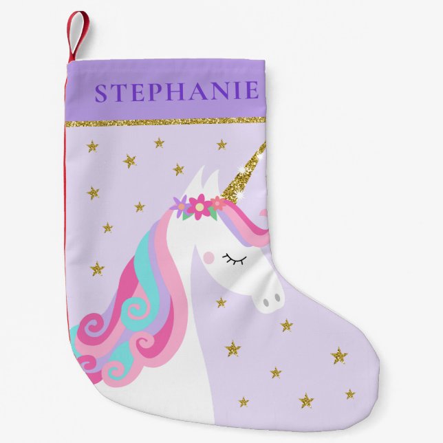 Meia De Natal Pequena Cute Unicorn Stars Glitter Roxo (Frente)